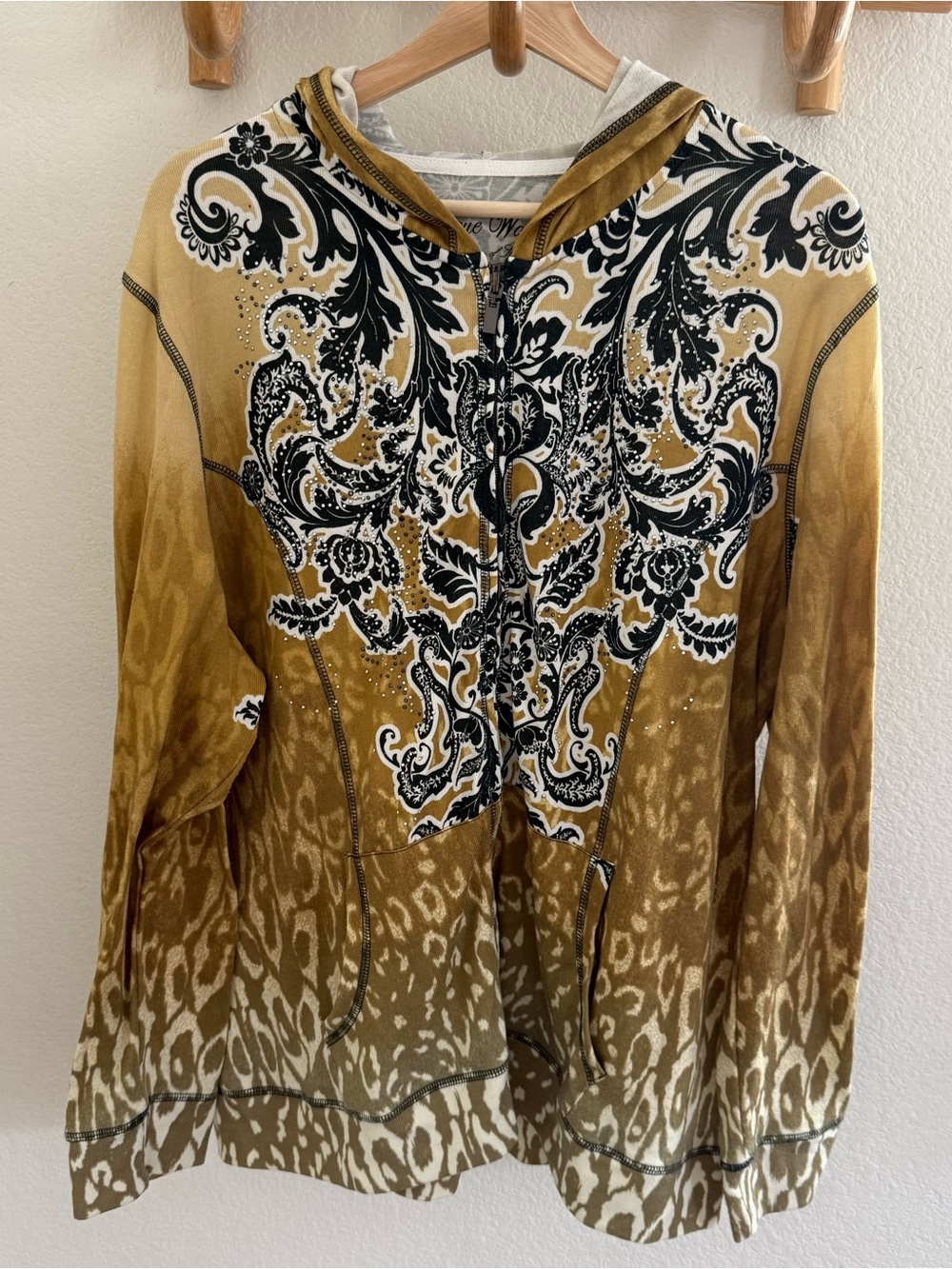 Y2K McBling grunge sleaze One World Bedazzled damask Leopard Print Zip Up Hoodie